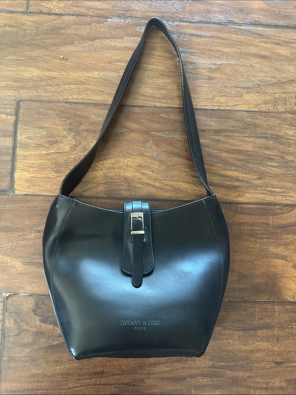 Tiffany & Fred Black Leather Shoulder Hobo with Buckle Tab